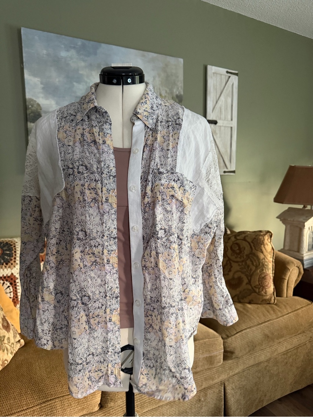Free People S Floral Mixed Media Button Down Shirt Lace Boho Cottagecore